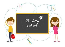 Cute schoolgirl and schoolboy near the blackboard. Back to school concept. Vector illustration