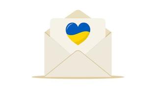 Support Ukraine, pray for Ukraine, envelope with heart, colors of Ukrainian flag isolated on the white background. Donating and volunteering concept. Vector illustration