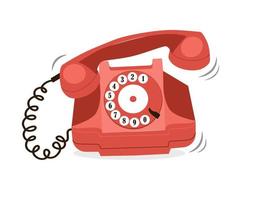 Retro red telephone with rotary dial disc calling. Old historical phone. Vector illustration isolated on white background