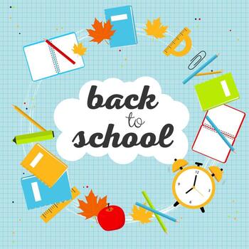 colección de regreso a la escuela en el fondo del cuaderno cuadrado. banner vectorial o página de destino vector