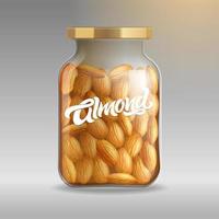 Realistic glass jar with almonds close-up on an isolated background with a typewriter Almond. Realistic vector illustration for packaging design, branding, label. EPS10