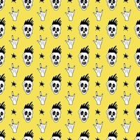 Seamless Pattern with Funny Skull and Gesture Hand Rock Music Background Doodle Style vector