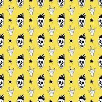 Seamless Pattern with Funny Skull and Gesture Hand Rock Music Background Doodle Style vector