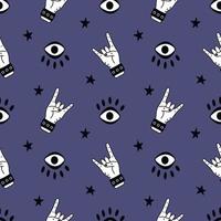 Seamless Pattern with Gesture Hand and Eye Doodle Rock Music Background vector