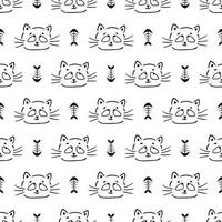 Seamless Pattern with Cat Face and Fish Skeleton Cute Kid Background Doodle Style vector