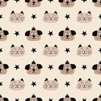 Seamless Pattern with Cute Thoughtful Puppy and Smiling Cat Childish Funny Background vector