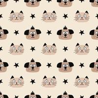 Seamless Pattern with Cute Thoughtful Puppy and Smiling Cat Childish Funny Background vector