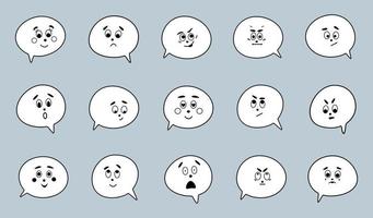 conjunto de burbujas de habla cómica con diferentes emociones en nubes de pensamiento estilo doodle con símbolo emoji de cara de caricatura