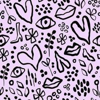 Abstract Seamless Pattern with Hand drawn Doodle Boho Elements Eyes Hearts Flowers Lips Leaves Dots vector