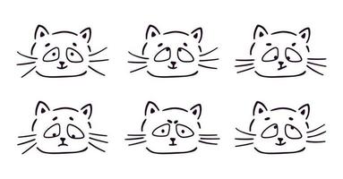 conjunto de caras de gato dibujadas a mano con diferentes emociones estilo doodle de lineart vector