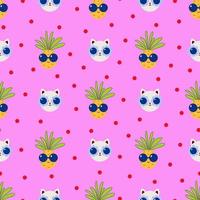 Seamless Pattern with Happy Cat and Funny Pineapple Summer Colorful Background Flat style vector