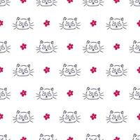 Handdrawn Seamless Pattern with Cute Smiling Cat and Flower Doodle Style Kid Background vector