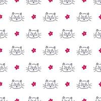 Handdrawn Seamless Pattern with Cute Smiling Cat and Flower Doodle Style Kid Background vector