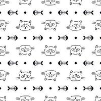 Doodle Seamless Pattern with Cat Fish Skeleton dot Handdrawn Kid Background vector