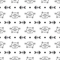 Doodle Seamless Pattern with Cat Fish Skeleton dot Handdrawn Kid Background vector