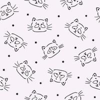 Seamless Pattern with Cats Faces and Stars Doodle Style Handdrawn Kid Background vector