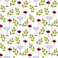Seamless Pattern with Wineglasses Flower Leaf Elegant Background with Textured Floral Element vector