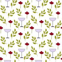 Seamless Pattern with Wineglasses Flower Leaf Elegant Background with Textured Floral Element vector