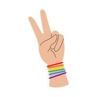 Vector victory hand with rainbow bracelet. Sign of victory or peace. LGBTQ Plus clipart. Pride month.