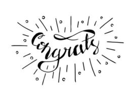 Congrats lettering with rays. Vector sign illustration. Isolated handwritten text. Congratulatory phrase.