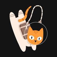 Vector cute cat in space. Cat astronaut in flat design. Funny animal flying in the galaxy.