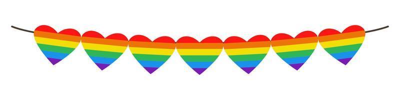 Vector garland of heart shaped flags. Colorful rainbow bunting. Pride month. LGBTQ Plus.