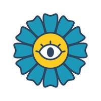 Vector flower with eye. Retro flower with blue petals. Flower with eye in center. Psychedelic. Outline.