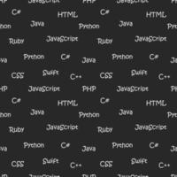 Vector seamless pattern with programming languages. Names of machine languages. Black and white.