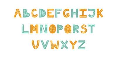 Colorful Scandinavian ornate alphabet with florals and lines. Folk font with English letters. Latin alphabet in Scandinavian style. vector