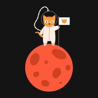 Vector cute cat in space puts a flag on a red planet. Cat astronaut in flat design. Funny animal astronaut standing next to a white flag.