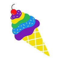 Vector ice cream in rainbow colors. LGBT ice cream with cherry. Summer sweet dessert.