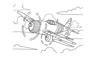 avión dibujo línea arte vector ilustración para colorear libro. dibujo de avión de dibujos animados para colorear para niños y niños. dibujo de boceto para el libro de colorear. avión de combate y helicóptero.