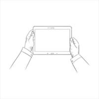 Tablet with hands sketch drawing illustration. Hand holding a tab mobile in sketch. Hand touching on tab screen in sketch illustration. vector