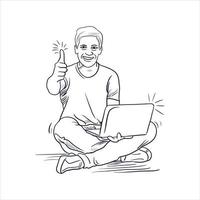 hombre feliz sentado con la ilustración de vector de dibujo de línea de portátil. mostrando los pulgares hacia arriba después del trabajo exitoso. este chico está muy emocionado con una computadora portátil. buen arte de un hombre de negocios joven con una computadora portátil