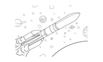 Ilustración de vector de arte de línea de dibujo de cohete para libro de colorear. dibujo de nave espacial de dibujos animados para colorear para niños y niños. dibujo de boceto para libro de colorear.