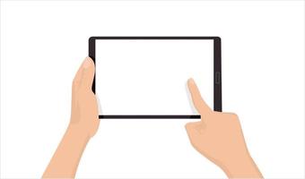 Tablet with hands sketch drawing illustration. Hand holding a tab mobile in sketch. Hand touching on tab screen in sketch illustration. vector