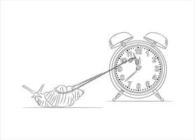 detener el concepto de tiempo. deteniendo el tiempo en la ilustración vectorial. tratando de detener un tiempo. parada de reloj por caracol. caracol tirando de la cuerda para el cronómetro. concepto de fecha límite de trabajo. tiempo de espera en el reloj por cuerda. vector