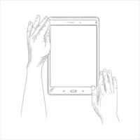 Tablet with hands sketch drawing illustration. Hand holding a tab mobile in sketch. Hand touching on tab screen in sketch illustration. vector