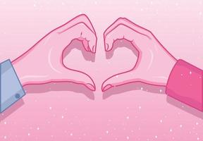 Love background with pink color and two hands that form a heart symbol