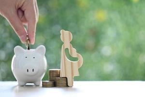 Pregnant woman with piggy bank and gold coin money on natural green background,Save money for prepare in future and newborn baby concept photo