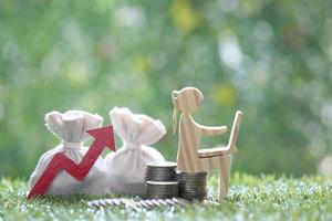 Inflation financial crisis concept,Woman using laptop computer with stack of coin money and red arrow graph on natural green background,Investors strategy and business photo
