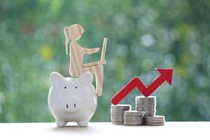 Investment and business concept,Woman using laptop computer and piggy banks with stack of coin money on natural green background,Investors strategy photo