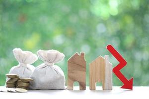 Finance, Model house with red arrow graph and money bag on natural green background,Business investment and Save money for prepare in future concept,Inflation photo