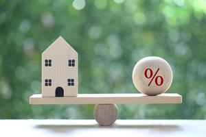 Interest rate up and Banking concept, Model house with Percentage symbol icon on wood scale seesaw on natural green background, Fixed Rate photo