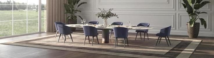 Luxury dining room with sun light and nature view . Table with service and plants. 3d render illustration interior design. Web banner. photo