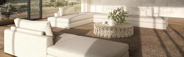Modern interior design open space living room. Large windows and nature view. Web banner. House outdoor terrace 3d render illustration. photo