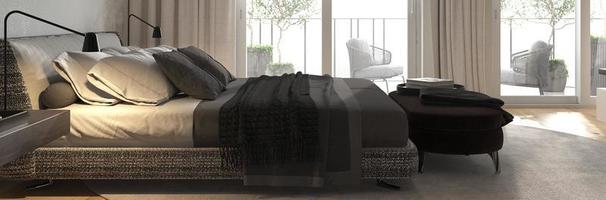 diseño interior minimalista y moderno. dormitorio con ventanas panorámicas. cama contemporánea con banco de noche. Ilustración de procesamiento 3d. banner web
