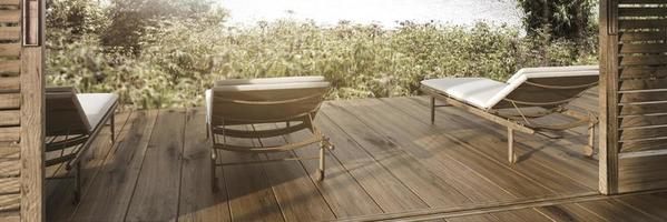 Scandinavian modern interior design wooden outdoor terrace with sun loungers. photo