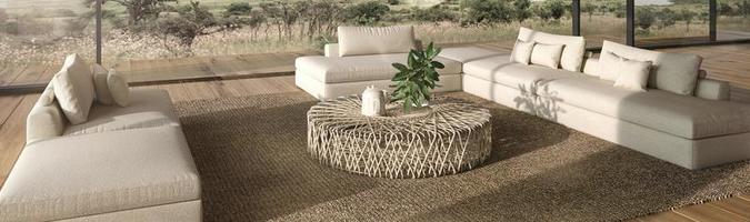 Modern interior design open space outdoor terrace background. Large windows and nature view. 3d rendering illustration house. Web banner. photo