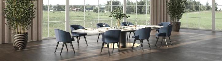 Luxury dining room with sun light and nature view . Table with service and plants. 3d render illustration interior design. Web banner. photo